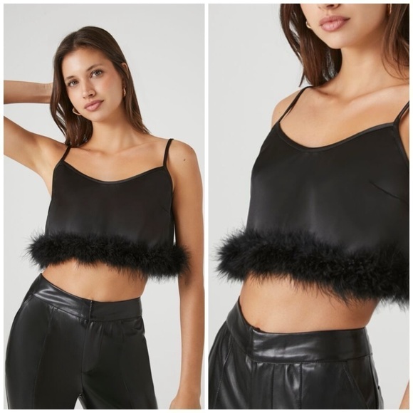 Forever 21 Black Feather Trim Cropped V-Neck Cami Satin Top Blouse Size XL - Picture 1 of 8